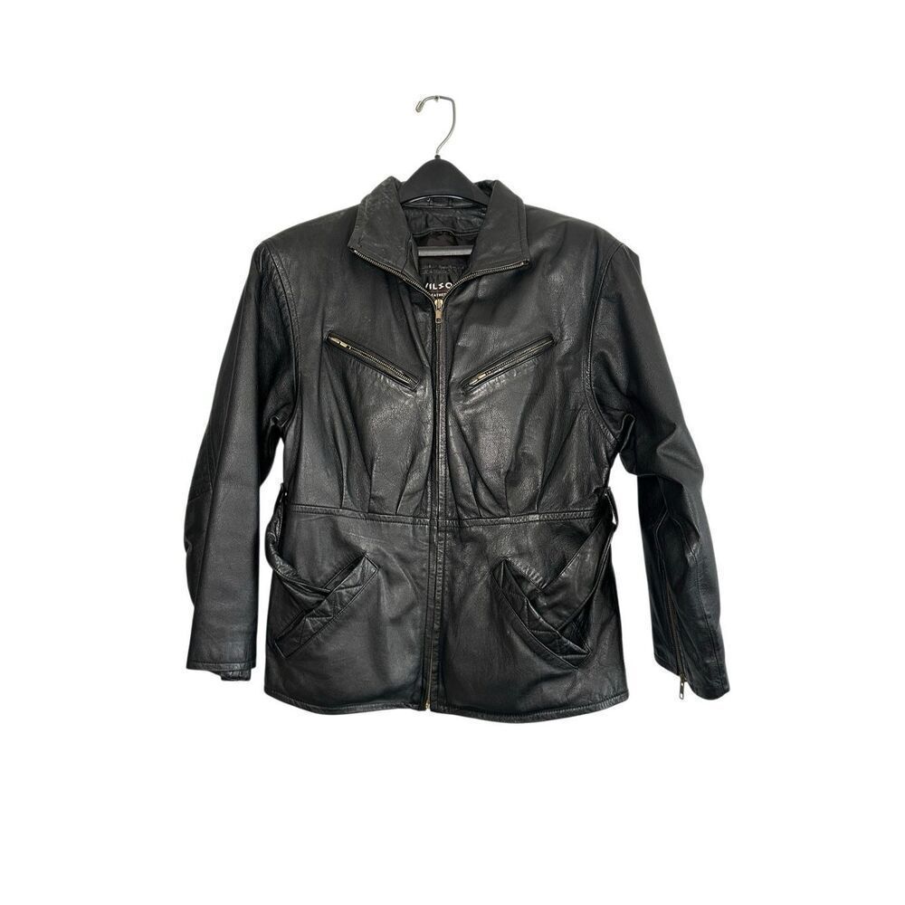 Vintage Wilsons Leather Black Zip Up Jacket Belted Zippers Vtg Women’s XS Winter